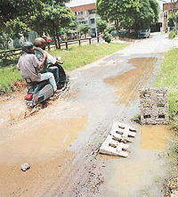 Water accumulation on the road has become the bane of residents of Sector 44-A, Chandigarh, where the sole water outlet is broken and choked. 