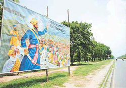 One of the hoardings of the Bahujan Samaj Party near the cricket stadium chowk in Chandigarh which has become a centre of controversy.