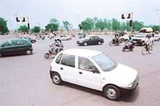 A view of the chaotic traffic at the Housing Board chowk traffic-light point in Chandigarh on Thursday.