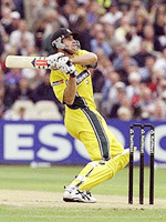 Australian Matthew Haydon hooks the ball caught by British Darren Gough off Andrew Caddick for zero at Old Trafford on Thursday.