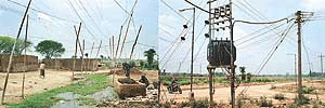 Power is stolen blatantly in Sector 48 as hundreds of jhuggi-dwellers of Shaheed Bhagat Singh Colony have set up kundi connections from the transformer, and (right) power cables on bamboo poles from the transformer to the colony.