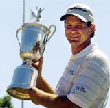 Retief Goosen of South Africa holds the US Open trophy after winning an 18 hole playoff at the 101st US Open at Southern Hills Country Club in Tulsa on Monday. 