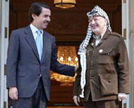 Palestinian leader Yasser Arafat (right) with Spanish Prime Minister Joe Maria Aznar on the steps of Moncloa Palace in Madrid on Tuesday. 