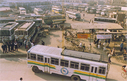 The haphazardly parked buses at the local bus terminus, Bathinda.
