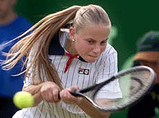 Jelena Dokic from Yugoslavia returns during her match against Dutch player Myriam Oremans at the Heineken Trophy tennis tournament in the central Dutch town of Rosmalen, Wednesday. 
