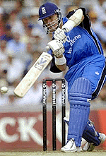 England captain Alec Stewart hits the ball during their international match against Australia at the Oval Thursday.
