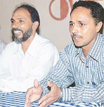 Mr Daljit Ami, director of “Born in debt”, and Dr Manjit Singh address mediapersons at a press conference at Chandigarh Press Club on Friday.