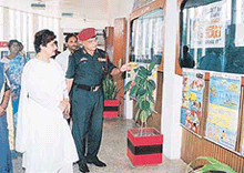 Ms Deep Surjit Singh, President, Army Wives Welfare Association (AWWA), and Major-Gen Pratap Dayal, Commandant, Command Hospital, go round a health exhibition in Chandi Mandir on Saturday.