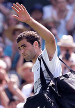 Pete Sampras of the U.S salutes the crowd as he leaves centre court after winning his first round match against Francisco Clavet at the Wimbledon Championships on Monday. Sampras beat Clavet 6-4 7-6 6-4. 
