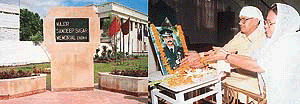 The memorial to Major Sandeep Sagar, a Kargil martyr, which was inaugurated in Sector 8, Panchkula, on Monday. Right: The parents of the martyr, Prof Harbans Lal and his mother, Raksha, offer floral tributes in a ceremony organised to mark his second death anniversary.
