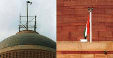National flag at an alternate location at Rashtrapati Bhawan in New Delhi on Wednesday, due to the repair works on the flag post atop which was damaged due to high winds and rains in the last week. 