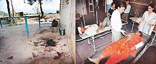 Blood splattered on the floor of a tubewell where seven persons of a family were fired upon by a fellow farmer over a land dispute in Bharelie village, near Barwala; (right) a doctor examines the injured persons in General Hospital in Panchkula on Wednesday.