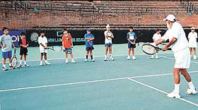 Budding tennis youngsters have tips from the chief coach, Beyant Singh, at the future kids programme initiated by the Chandigarh Lawn Tennis Association at the tennis stadium, Sector 10, on Wednesday. 