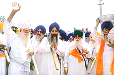 Mr Jagdev Singh Talwandi, SGPC president, Mr Joginder Singh Vedanti, Jathedar, Akal Takht, Giani Kewal Singh, Jathedar, Takht Damdama Sahib, Mr Harbans Singh, Kar Sewa Delhiwale, laying the foundation stone of a new gurdwara, namely Mata Sahib Kaur, Sunder Kaur near Takht Damdama Sahib at Talwandi Sabo on Thursday. 