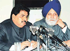 Mr G.M.C. Balayogi, Speaker of the Lok Sabha, and Mr Charanjit Singh Atwal, Speaker of the Punjab Vidhan Sabha, at a press conference in the Chandigarh Press Club on Saturday.