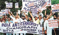 Members of the All-India Anti-Terrorist Front demand the arrest of Dr Jagjit Singh Chohan, a Khalistan ideologue, in Chandigarh on Saturday.