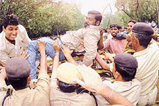 Activists of the Bhartiya Janata Youth Front demonstrating against the Tamil Nadu Chief Minister Jayalalitha in New Delhi on Monday. 