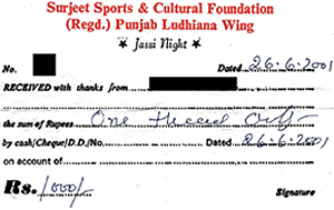 A copy of a receipt allegedly issued by the Raikot police.