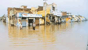 Shops flooded with rainwater on the Bathinda-Goniana road after a downpour on Tuesday exposed the "efficiency" of the drainage system of Bathinda.