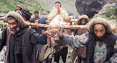 Kashmiri nomads carry an elderly pilgrim through at Pishutop, 116 km southeast of Srinagar, as they make their way to the holy cave of Amarnath on Thursday. 