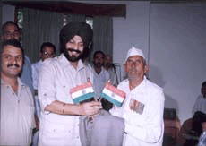 Major Chaudhary Kashi Ram, a former soldier of INA, constituted by Netaji Subhash Chandra Bose, is felicitated by Mr M.S. Bitta, Chairman, All-India Anti-Terrorist Front, at a function organised in Hamirpur on Thursday.