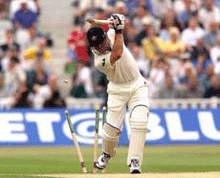Australia's Michael Slater is clean bowled by England's Daren Gough on the second day of the first Test match at Edgbaston, Birmingham, England on Friday. 