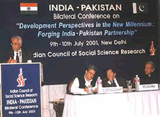 Prof. Ashok Kapur addressing the conference of "Development Perspectives in the New Millennium : Forging India-Pakistan Partnership" organized by Indian Council of Social Science Research in New Delhi on Tuesday Mr. Tariq Rangoonwala, Prof M L Sondhi & Zia Khaleeli is also seen in Pictures.