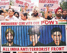 Members of the All-India Anti-Terrorist Front and family members of Indian prisoners of war (POWs), shout slogans during a demonstration in front of the Pakistani Embassy in New Delhi on Tuesday.