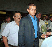 Skipper Saurav Ganguly arriving at Mumbai airport after India's 45-day-tour to Zimbabwe. 