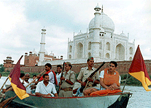 Security personnel patrol the Yamuna in front of Taj Mahal in Agra, on Tuesday, ahead of the Indo-Pak summit. 