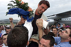 Wimbledon men's singles tennis champion Goran Ivanisevic signs autographs for fans in his hometown of Split on Tuesday.