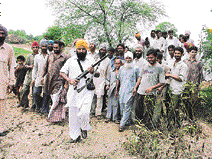 Villagers of Baddowal search for a leopard which strayed into the village on Saturday.