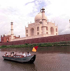 Security personnel guarding the Taj from river Yamuna in Agra on Saturday.