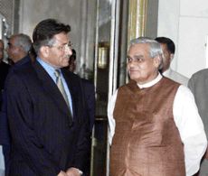 Prime minister A B Vajpayee with Pakistani President Gen. Pervez Musharraf before the luncheon at  hotel Taj palace in New Delhi on Saturday.