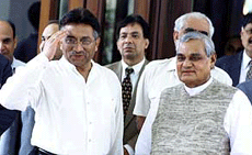 Pakistan President Pervez Musharraf being received by Prime Minister Atal Behari Vajpayee at the summit venue at Jaypee Palace Hotel in Agra on Sunday.