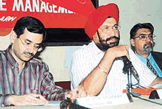 Dr G.S. Kochhar of the Indian Medical Association delivers a talk on the Management and Handling of Biomedical Waste, in Chandigarh Press Club on Sunday. 