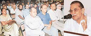 Mr I.D. Swami, Minister of State for Home Affairs, addresses a seminar on internal security in Hotel Red Bishop, Sector 1, Panchkula, on Sunday.