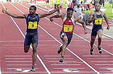 Tim Montgomer, (9) of the USA, wins the men's 100 metres during the Bislett Games at Bislett Stadium in Oslo on Friday.