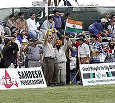 Indians and Pakistanis dancing together in New Jersey on the occation of the first International double circket match Champianship from 13 TO 15 July 2001, Slogans of India and Pakistan Bhai Bhai raised at the match between England and pakistan, Wasim Akram and Shaid Afridi Vs Cris Lewis and David Chapel played against each other on Saturday.