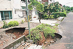This open space in front of a house in Phase VII caved in due to a leaking storm-water drain in SAS Nagar on Monday.