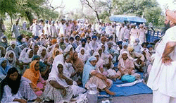 The activists of the BKU(E) sitting on dharna near village Maiser Khana on Bathinda-Mansa road despite the heavy downpour today.