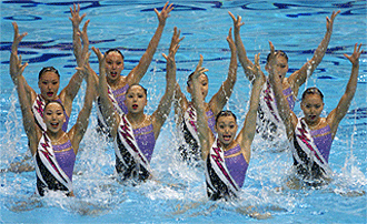 The Japanese team perform during the team free routine preliminary of the synchronised swimming at the World Swimming Championships in Fukuoka on Wednesday.