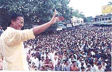 Suspended Trinamool Congress leader Ajit Panja waving to the supporters at a rally at Chinsura in Hoogly district on Saturday.