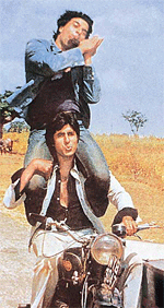 Dharmendra and Amitabh as the famous duo of Veeru and Jai in Sholay