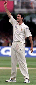 Australia's Jason Gillespie celebrates after England were bowled out for 227 on the fourth day's play of the second Ashes test at Lord's on Sunday.