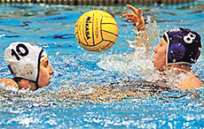 Russia's Elena Smurova (8) fights for a loose ball with Kazakhstan's Tatyana Gubina during women's waterpolo preliminary match in the 9th FINA World Swimming Championships in Fukuoka, Japan, on Monday. 
