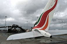 The remnants of a Sri Lankan Airlines airbus destroyed in a pre-dawn attack in Colombo on Tuesday.