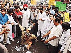 YC activists burn the effigy of the Pakistan President, Gen Pervez Musharraf, on the third anniversary of the Kargil conflict, in Ludhiana on Thursday. 