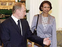 Russian President Vladimir Putin invites U.S. National Security Adviser Condoleezza Rice to start talks during their meeting in the Kremlin in Moscow on Thursday.