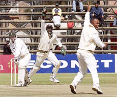 West Indies bowler Neil McGarrell (R) and wicket keeper Courtney Brown (C) celebrate their dismissal caught behind of Zimbabwe batsman Grant Flower for a duck on Friday.